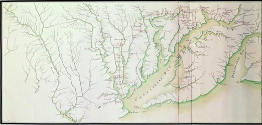 Mapa general de los campamentos y marchas del ejército en América por órdenes de Rochambeau, detalle del lado izquierdo, de Guerre de l